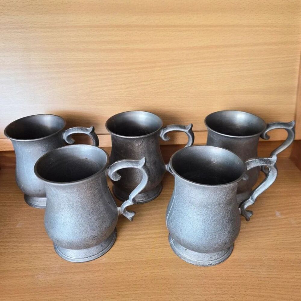 Set of 5 Vintage Pewter Beer Mug Tankard Steins Scroll Handle Barware 5 Inch